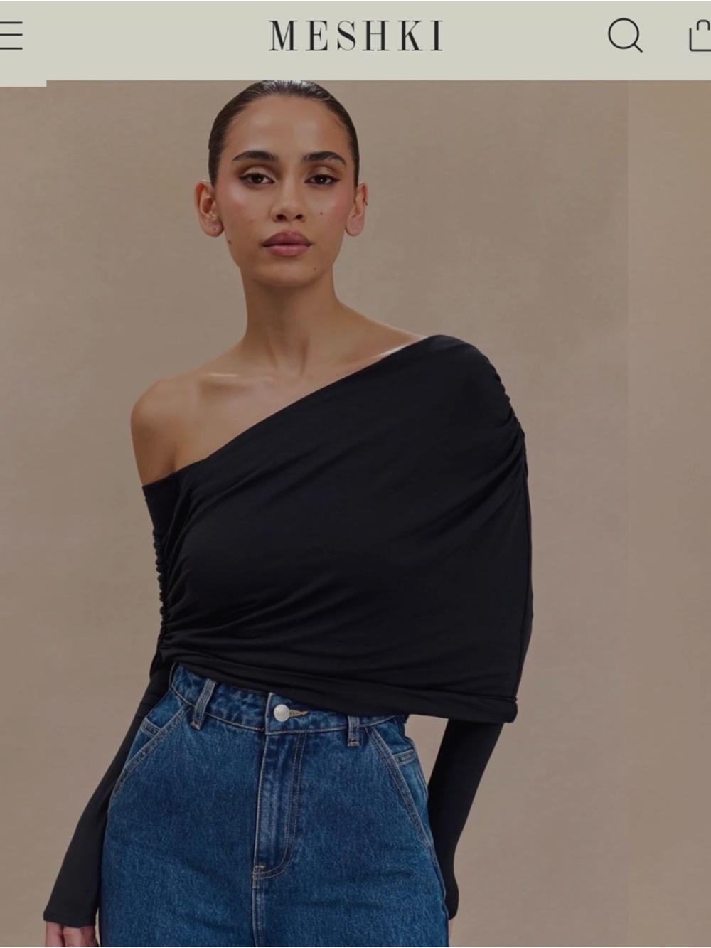 Meshki Black Asymmetric One-Shoulder Draped Long Sleeve Top